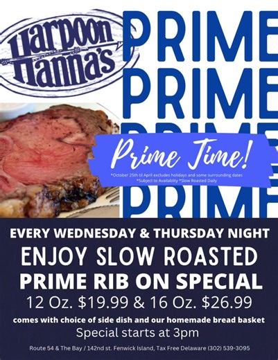 1.6K views · 36 reactions | Only a handful of Prime Rib Nights remain! Take advantage of a great price on Our Signature Slow Roasted Prime Rib Tonight! 數 Live Acoustic in the Bar by Shortcut Sunny ☀️ 5-9pm | Harpoon Hanna's | Facebook