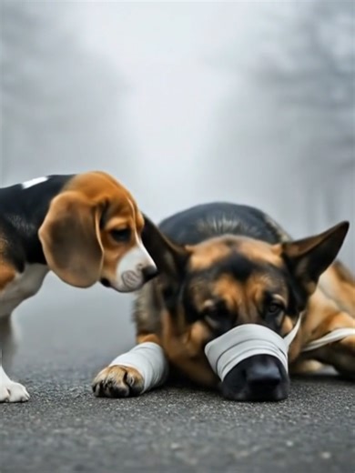 Puppy Finds Dying Dog on the Road and Does Something Incredible Description: From Abandoned to Adopted: A Story of Hope and Friendship Witness the incredibly touching story of a brave Beagle puppy who refused to leave a friend behind. On a lonely, foggy road, an injured German Shepherd lay helpless, bound and abandoned. But hope arrived in the form of a tiny puppy. Instead of running away, the loyal puppy stayed by his side and then ran to find help. Leading a kind stranger back to the scene, th