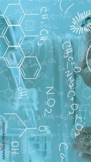 Vertical video: Lab lead reaching for pipette, transferring liquid while chem overlay guiding assay