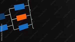 Flow chart, business strategy, organization or plan. Chart with elements, connected lines, and geometric shapes. Map, decision tree, node data, conncection in process. 3D animation