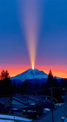 Mt. Rainier created its own masterpiece today 🚀🌄 A single pillar of sunlight rose from the summit like a beacon, slicing through the cool evening shadow and lifting straight into the sky. With every second, the light shifted and expanded as the sun climbed lower — a moment that felt alive while you watched it unfold. 🌅✨ | Ethereal Earth