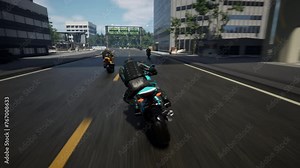 Animation of the rider controlling a fast motorcycle in the computer game. Animation of the competitive race in the virtual computer game. Computer game animation of the esports motorbike race.