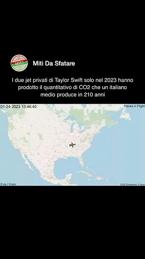 Miti Da Sfatare on Instagram: "I due jet privati di Taylor Swift nel 2023 hanno viaggiato per un totale di 273.000km circa. L’equivalente di fare 7 volte il giro del mondo In termini di emissioni parliamo di circa 1200 tonnellate di CO2, 83 volte superiore alla media americana e 210 volte superiore alla media italiana In parole povere, in un solo anno i Jet di Taylor Swift hanno emesso anidride carbonica tanto quanto un italiano fa in 210 anni"
