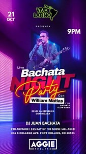 TONIGHT! (10/21) Because you guys asked for it, we're bringing live music for BACHATA NIGHT this month!!!! William matias and his bachata band will flow alongside DJ Juan Bachata, DJing straight from the Dominican Republic! Vive Latino NoCo Presents Bachata Night at the Aggie Theatre on October 21st! Tickets and info: https://bit.ly/3tqV12E | Aggie Theatre | Facebook