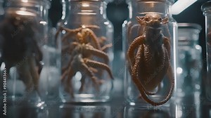 Jars full of strange mutated creatures or organisms. Alien species. Secret lab, forbidden experiments. Mad scientist laboratory. Horror or sci-fi movie theme, footage. Biohazard. Breeding.