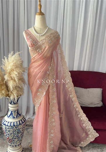 Celebrating Engagement with Blush Pink Embroidered Sari