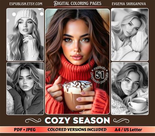 Cozy Season Digital Coloring Book – Realistic Grayscale Portraits, Cozy Autumn & Winter Relaxing Art - Etsy