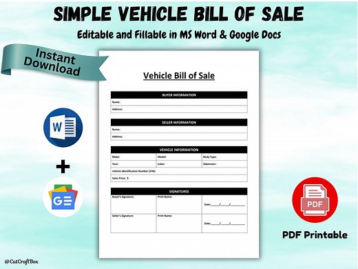 Editable Simple Vehicle Bill of Sale Template Printable Motor Vehicle Sale Contract Car Sale Form Auto Bill of Sale Agreement MS Word & PDF - Etsy