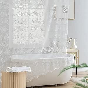 TUDECO Extra Long White Lace Shower Curtain with Attached Valance, 84 Inch Long Scalloped Edge Cottage Core Shower Curtain, 72 x 84 Inch Vintage Floral Fancy Bathroom Curtain White