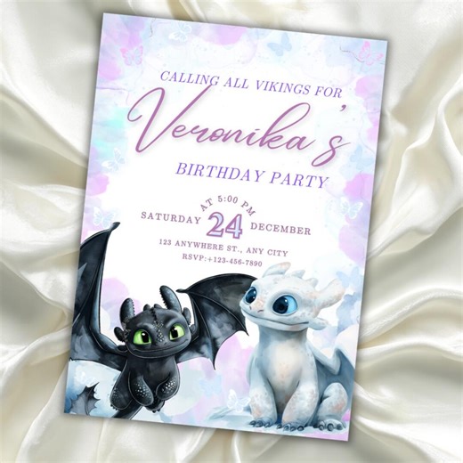 Toothless Dragon Birthday Invitation With Pink Elements, Watercolor Theme (digital Download) - Etsy