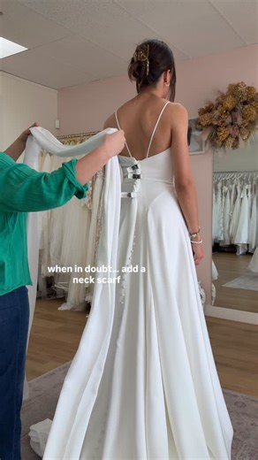 Blushing Bride Bridal Boutique on Instagram: "simple dress? add a neck scarf, now it’s bridal, editorial, and a little bit iconic 🥰 share this post with a soon to be bride!! link in bio to book your blushing bride appointment today — ✨ • • • wedding day, wedding dress, wedding dress shopping, bridal dress, bride to be, newly engaged, wedding planning #wedding #weddingplanning #bridaldress #bridaldressshopping #weddingday"