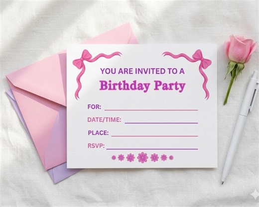 Printable Birthday Party Invitation, Girl's Pink and Purple Flower and Ribbon Invite - Etsy