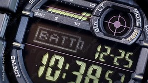 LCD display of a tough sports watch with running timer and stopwatch