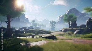 animation landscape cartoon style, mountain, lake, river, bridge, sky, trees, for game, cartoon movie