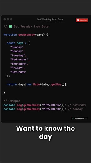 How to get the day from a date in JavaScript? . . . . . #javascript #reactjs #html #css #jquery #frontend #webdeveloper #string #interviewquestions #javascriptdeveloper #programming #codingmemes #codingchallenge #cod #codingmemes #coder #microsoft #aws #azure #gcp #api #github #backend #programming #reels #reelsinstagram #trendingreels #trending #aws #trendingréels | Geek4Tutorial