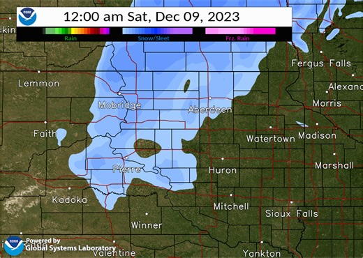 12/8 at 12:20pm: Here is the HRRR's (one of the many short term models) output for the snow. The snow is expected to spread east/southeast across the forecast area through the overnight. This along with gusty winds will cause for drifting and blowing snow, making hazardous conditions! This will manly be for parts of northern and northeastern SD as a winter weather advisory goes into effect this evening. Please stay safe! | US National Weather Service Aberdeen South Dakota