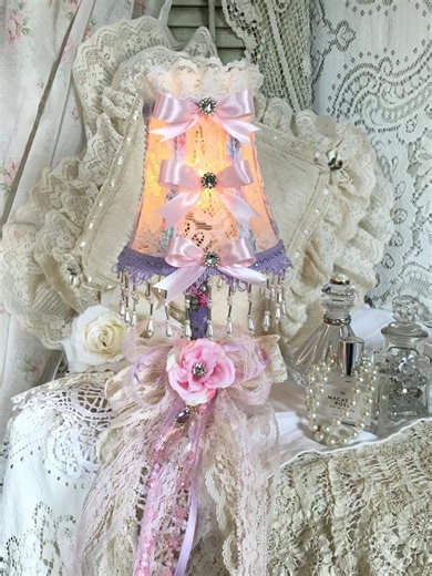 Shabby Pink Floral Candlestick Lamp, Cottage Chic Nightlight, Handmade Lace Shade - Etsy