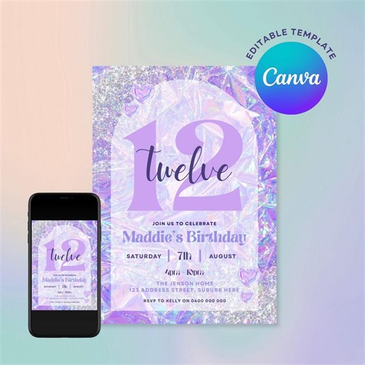 Iridescent 12th Birthday Invitation, Sparkly Birthday Invite, Purple Glitter, Shimmer, 12, Twelve (5x7inch) - Etsy