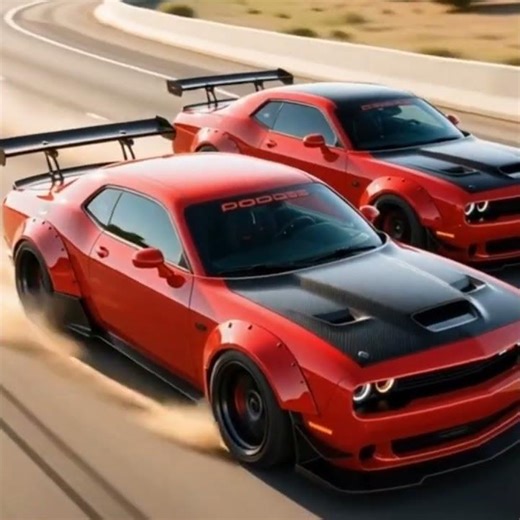 two Dodge Challenger SRT Hellcat cars, both fully modified with aggressive wide body kits