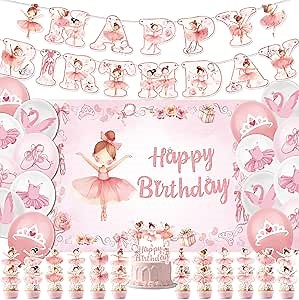 43Pcs Ballerina Birthday Party Decorations Include Banner-Backdrop-Balloons-Cake Topper-Cupcake Toppers for Ballet Birthday Party Decorations
