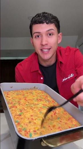 Making a fruity pebbles tres leches