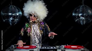 amazing DJ grandma, older lady djing and partying in a disco setting. these retired rockers will get the party going. this isa looped scratch version of the series