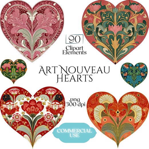 Art Nouveau Hearts Clipart, Vintage Botanical Valentine Heart Illustrations (90 PNG Files, Transparent Background) - Etsy