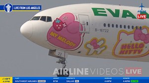 2.2M views · 51K reactions | Up close with EVA Air’s colorful Sanrio Characters Hello Kitty livery on this Boeing 777-300ER arriving at LAX—spotted during Friday’s Airline Videos Live broadcast from the H Hotel! #hellokitty #airlinevideoslive #airlinevideos #laxairport #airports #aviation #airplanes #boeing777 | AIRLINE VIDEOS | Facebook