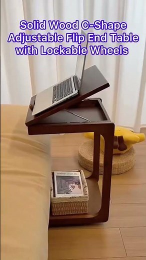 Solid Wood C Shape Adjustable Flip End Table with Lockable Wheels