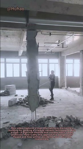 "Risky Demolition: Man Pulls Down Fragile Cement Ceiling with Rope | Safety Warning"