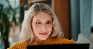 Home, shocked and woman with laptop, wow and email notification with mistake, expression and giveaway. Person, apartment and girl with computer, reaction and surprise for online news and announcement