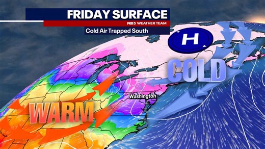 Friday looks like about as textbook a case of cold air damming as you can get in our region, with cold air trapped at the surface as milder air pushes in above our heads. Parts of the DC region could see some sleet and some ice, while snows look likely for parts of the Northeast. | Mike Thomas Fox 5