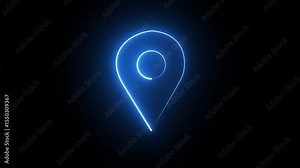 Abstract location glowing neon icon fast tracking map pin icon animation on black background.