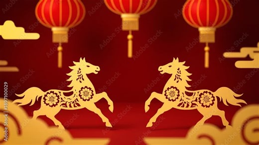Dynamic 3D animation showing golden horses and stylized clouds scrolling horizontally beneath hanging red lanterns on a rich red background, perfect for a Lunar New Year greeting.