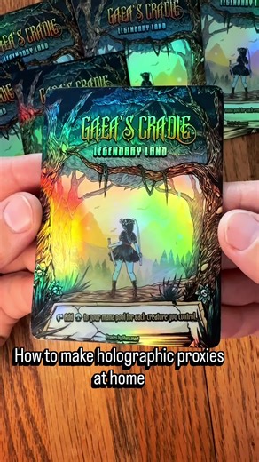 How to make holographic proxy cards at home! I used holographic sticker paper for the front, matte sticker paper for the back, and Astrobrights 65lb cardstock for the center in Eclipse Black. Equipment is Epson 8550 Ecotank for the printer, Sunstar Kadomaru pro corner cutter, and Fiskars self sharpening paper cutter. Artwork is hand drawn by myself in Adobe Photoshop. I had a lot of fun with this one. #magicthegathering #tabletopgames #papercrafts #arttutorials #arthowto