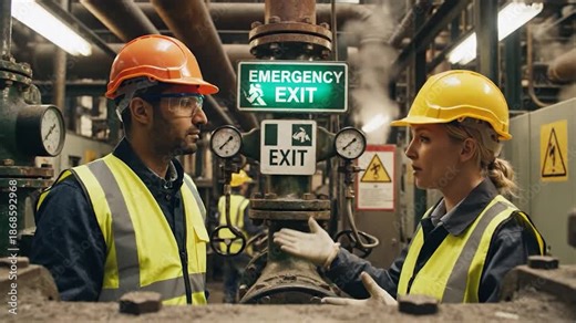 Engineers Discuss Emergency Exit Procedures in Industrial Plant Environment.