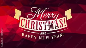merry christmas and happy new year card cover art with classic calligraphy over ruby abstract geometric pattern