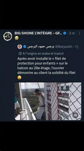 Il test le filet de protection balcon pour enfant au 28eme étage