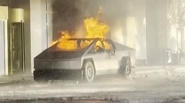 Tesla Cybertruck burns outside Trump hotel in Las Vegas