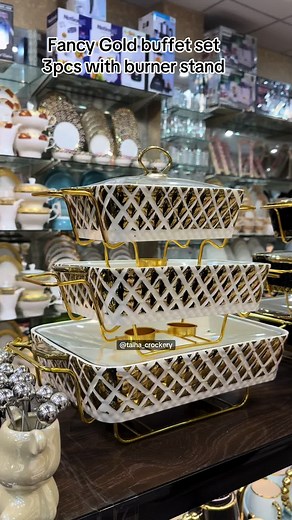 Fancy Gold Buffet Dish Set: 3pcs with Burner Stand