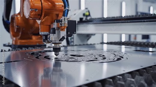 Industrial robotic arm welding metal plate in factory with machinery in background for manufacturing