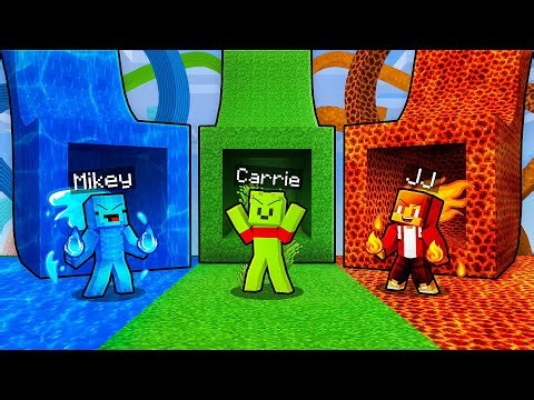 JJ vs Mikey vs Carrie: ELEMENTAL TUNNEL BATTLE in Minecraft - Maizen