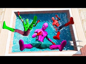 GTA 5 Rainbow Green Vs Pink & Red Spiderman Jumping Into Pool (Euphoria Physics/Ragdolls) #1