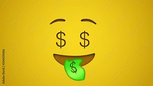 Animated colorful looping money mouth face emoji background for apps or ad commercial. Bringing life to your screen. Fun character motion graphic design.