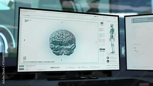 Tumor Discovered During Brain Biology Research By Innovative Scientific Computer. Computer Analysis Researching Brain Biology For Tumor Illness Treatment. Brain Biology Research In Medical Computer