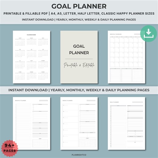 Goal Planner Printable | SMART Goal Setting Kit Daily Weekly Monthly Yearly Tracker | Habit Tracker Vision Board Reflections Bundle A4 A5 - Etsy