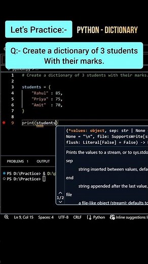 Python Dictionary Practice 🐍 | " Create a dictionary of 3 students with their marks". #Python