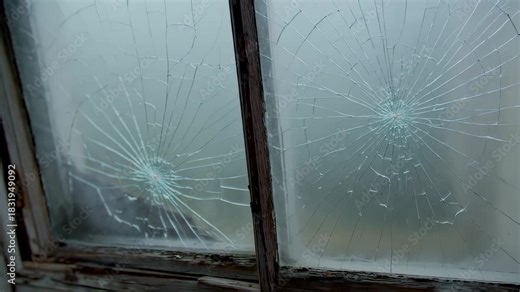 Two pane windows with a cracked, spiderweb-like fracture pattern in the glass. Wooden frame. Soft, pale background