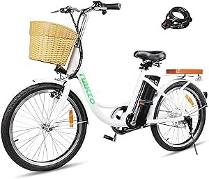 NAKTO 22" Electric Bike for Adults 250W Ebike with Removable 36V10AH Lithium Battery City Electric Bicycle with Basket&Cushion