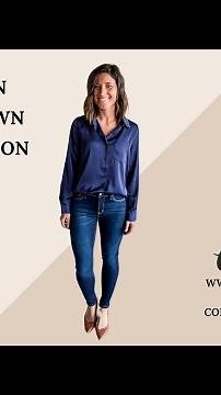 Navy Satin Button-Down Blouse Try-On